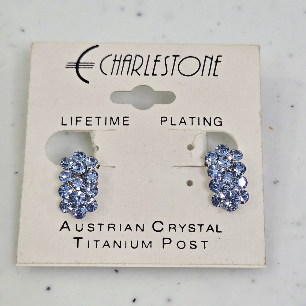 Vintage Charlestone Clip On‎ Earrings Silver Tone Blue Crystal Titanium Post